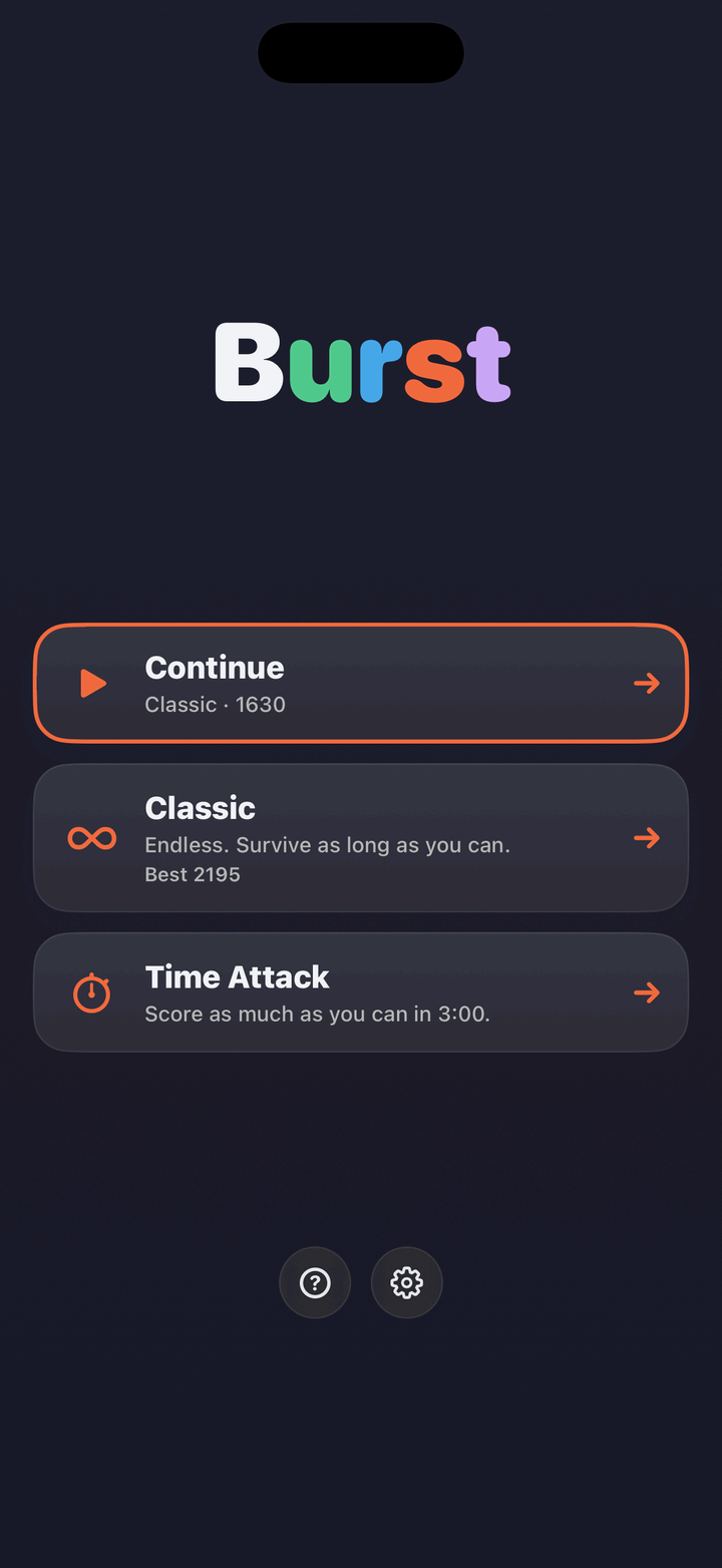 Burst home screen with Continue, Classic and Time Attack options.